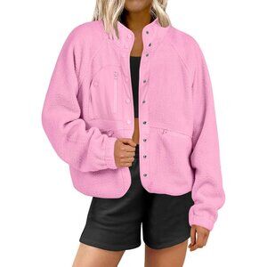 Women's Fuzzy Fleece Pink Long Sleeve Button Down Jacket Coats Casual Outwear